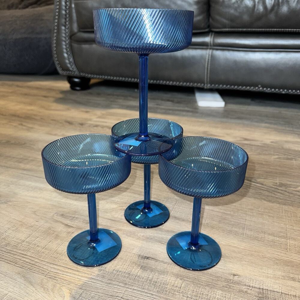 Hobby Lobby Spring Shop Blue Coupe Glasses 10.5 oz Set of 4 Ribbed Stemware